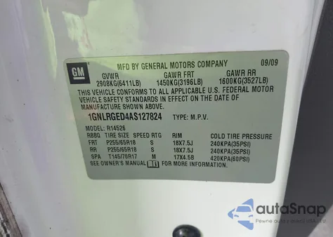 2010 Chevrolet Traverse Lt z USA, uszkodzony, nr VIN 1GNLRGED4AS127824